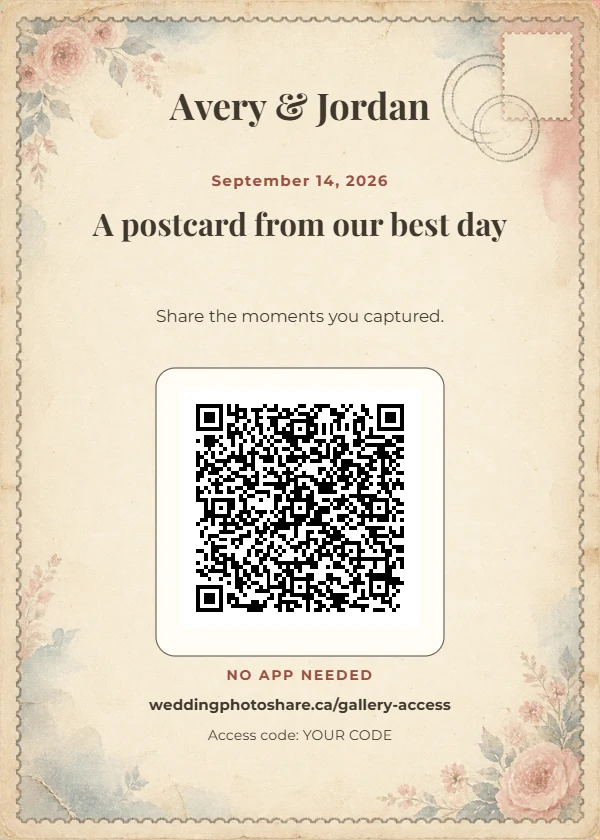 Vintage Postcard wedding QR code table-sign template