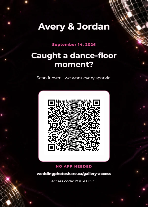 Disco After Dark wedding QR code table-sign template