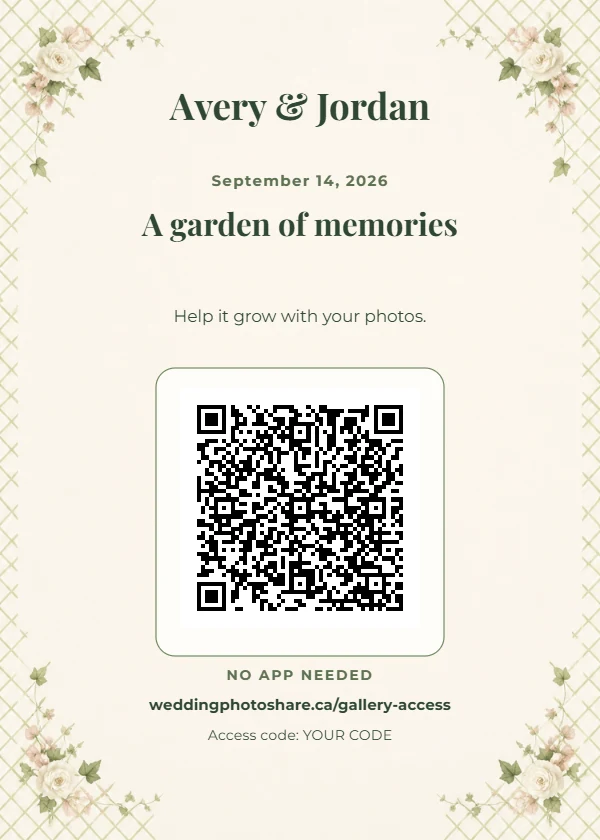 Garden Party wedding QR code table-sign template