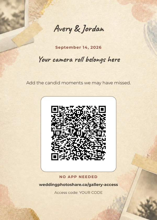 Polaroid Candid wedding QR code table-sign template