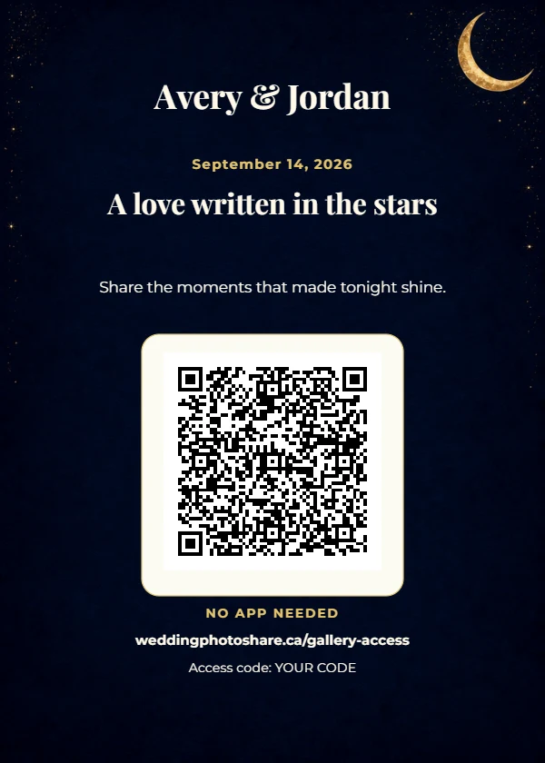 Celestial Night wedding QR code table-sign template