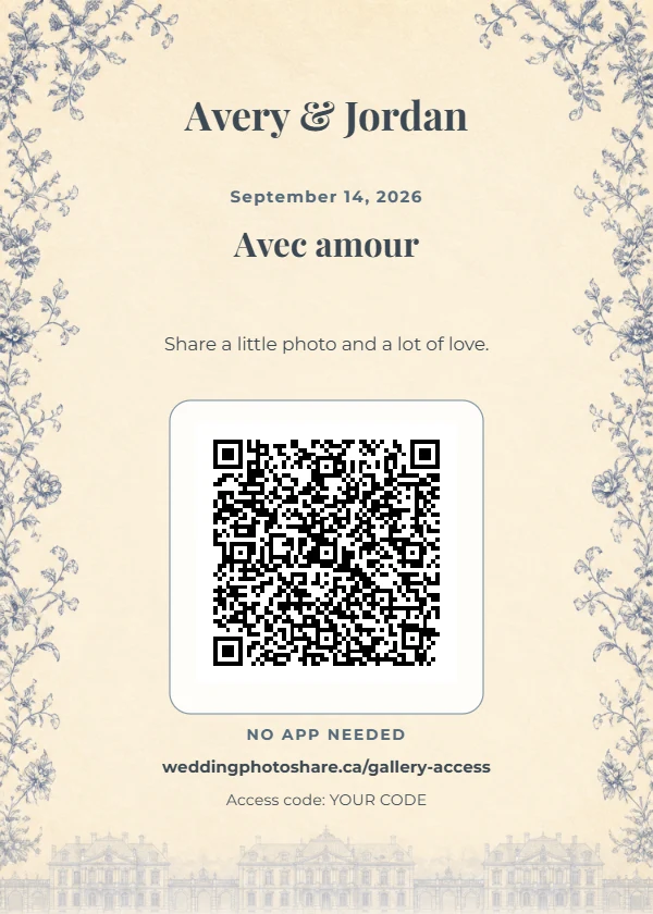 Château Romance wedding QR code table-sign template