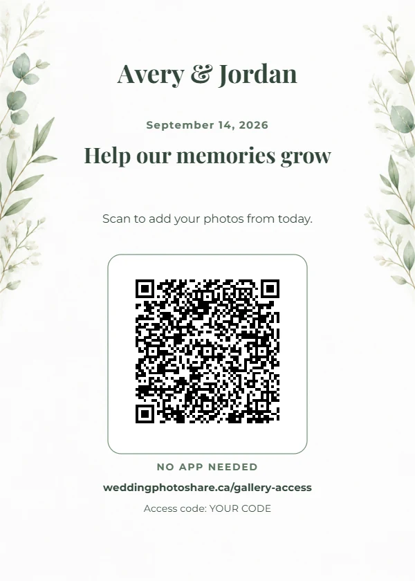 Greenery Crest wedding QR code table-sign template