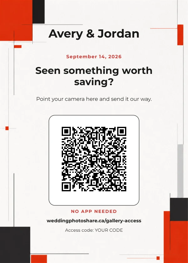 Swiss White wedding QR code table-sign template