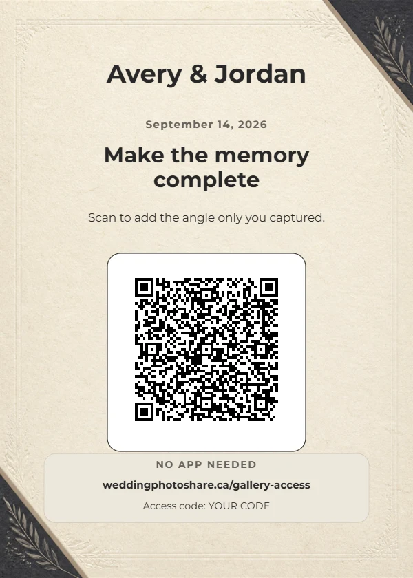 Bone & Charcoal wedding QR code table-sign template