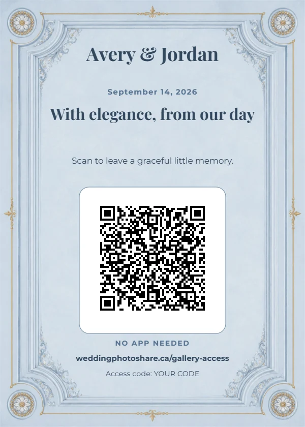 Regency Blue wedding QR code table-sign template