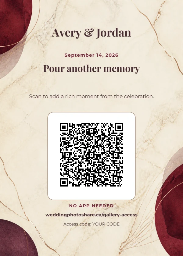 Marble & Merlot wedding QR code table-sign template