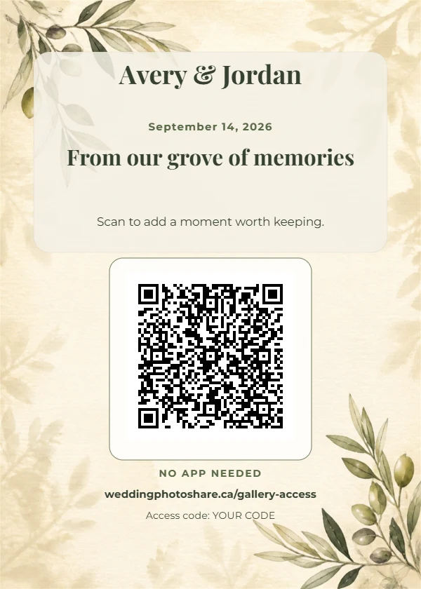 Olive Grove wedding QR code table-sign template