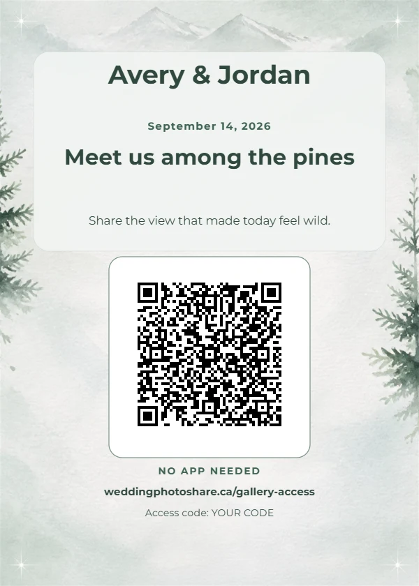 Alpine Pine wedding QR code table-sign template