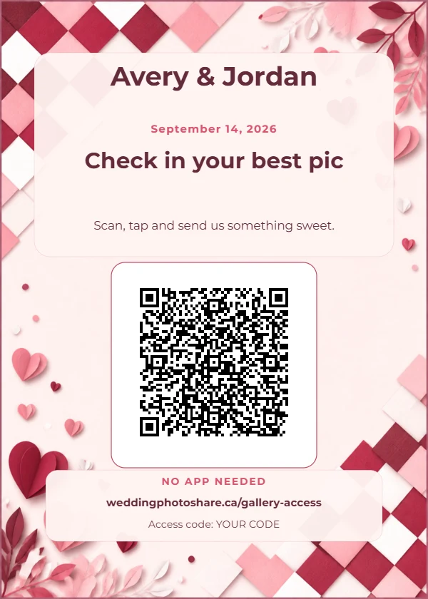 Checkerboard Kiss wedding QR code table-sign template