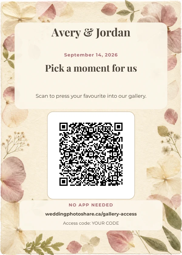 Pressed Petals wedding QR code table-sign template