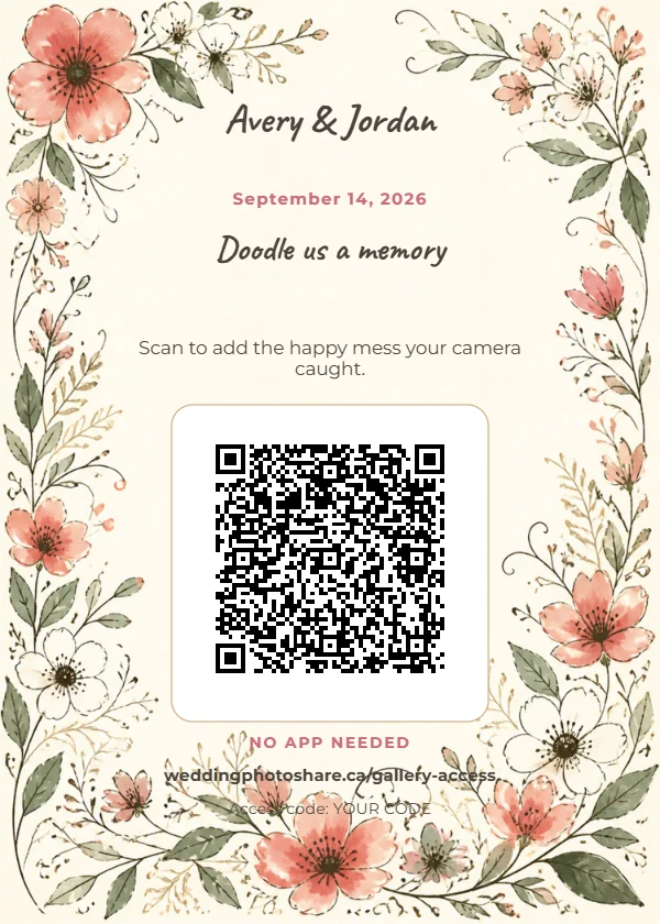 Doodle Bouquet wedding QR code table-sign template