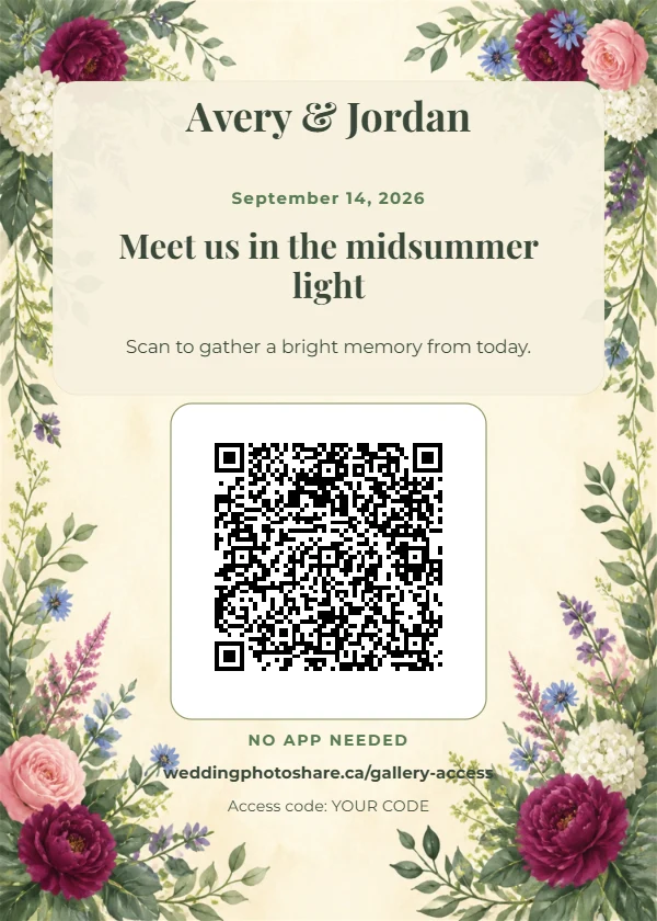Midsummer Garden wedding QR code table-sign template