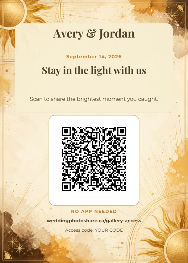 Solstice Sun wedding QR code table-sign template