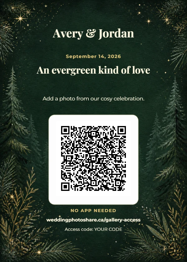 Evergreen Eve wedding QR code table-sign template